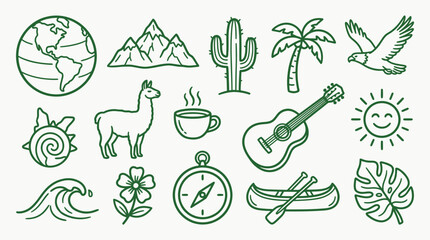 Collection of hand-drawn icons representing travel, nature, and lifestyle elements. © logan