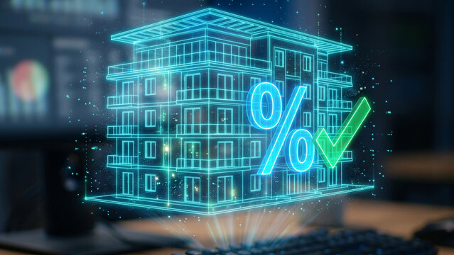 Futuristic real estate finance concept showing a glowing 3D wireframe building with a percent symbol and green checkmark representing mortgage interest rate approval