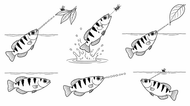 Archerfish hunting prey, sketches showing water jetting behavior