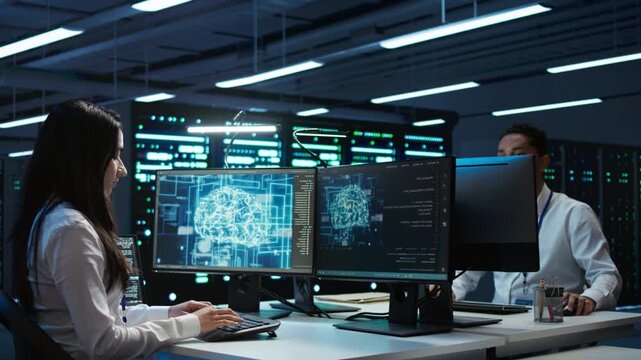 Technical team checks AI assisted infrastructure systems in a high tech server room, balancing network security, data protection and AI assisted analysis inside active data center oversight