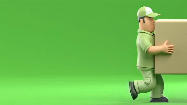 A 3D male character against a green background is shown delivering an online package to a customer. He appears to be in a rush to meet a deadline and is carrying a light brown or beige cardboard box; 