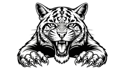 Fototapeta premium Aggressive Jaguar Roaring with Claws Extended, Black and White Vector Illustration