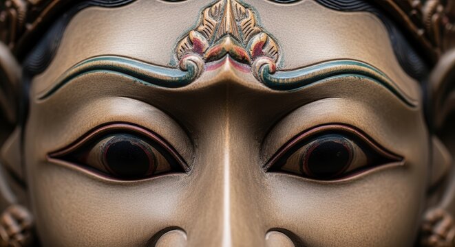 Close-up of a statue face with ornate eye makeup and forehead decoration