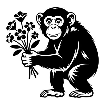 Chimpanzee Holding a Bouquet of Flowers