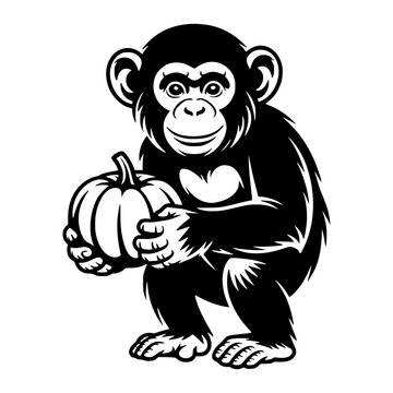 Chimpanzee Holding a Pumpkin