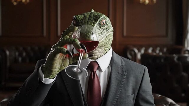 Sophisticated lizard man in a suit holding a glass of red wine in a classic wood paneled room