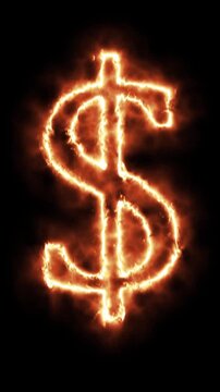 Burning dollar sign symbol isolated on black background cinematic fire animation motion graphic loop digital effect concept for financial market growth and investment wealth.
