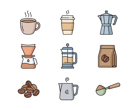 Coffee Equipment Line Art Flat Icon Set