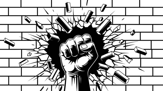 Fist breaking through brick wall, symbol of strength, power, and overcoming obstacles