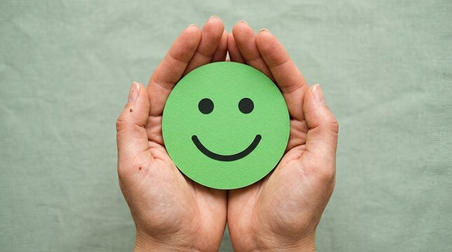 World mental health day hands holding a green smiley face for positive wellbeing