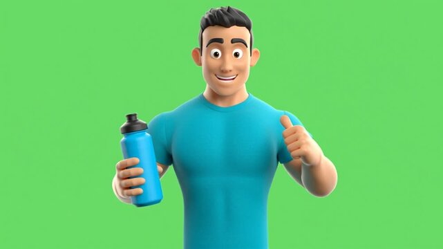 A young man rendered as a 3D model against a green background is shown smiling; he is wearing a blue T-shirt, giving a thumbs-up with his left hand, and holding a blue water bottle with a black cap