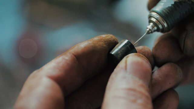 Cinematic macro close-up shot of a craftsman's hands using a rotary micro motor tool to carefully work on a small metal piece in a workshop.