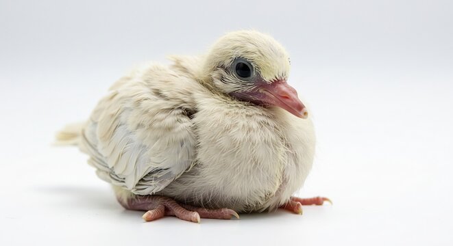 Newborn Dove Chick: A fluffy, newborn dove chick with delicate features and soft plumage sits with wide, curious eyes, embodying innocence and new life.