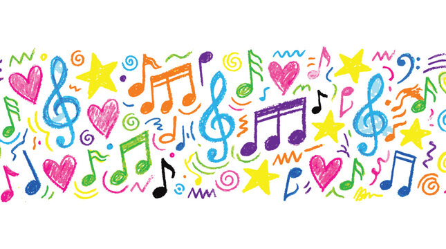 Hand drawn music notes border, colorful doodle musical symbols with hearts and stars, vibrant crayon style melody vector illustration