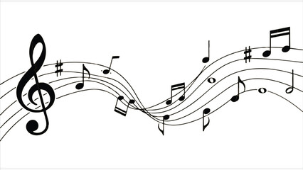 Musical notes on wavy staff lines, black melody symbols on white background, flowing music sheet vector for concert posters and creative designs © Pixel Verse Studio