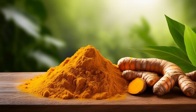 turmeric curcumin powder and fresh rhizome on wooden table with plant background turmeric curcumin powder rhizome wooden table