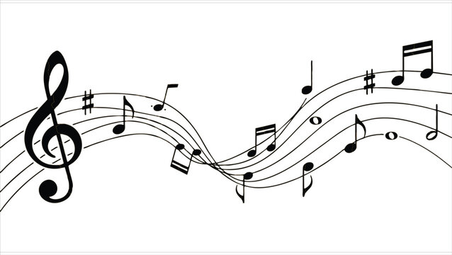 Musical notes on wavy staff lines, black melody symbols on white background, flowing music sheet vector for concert posters and creative designs
