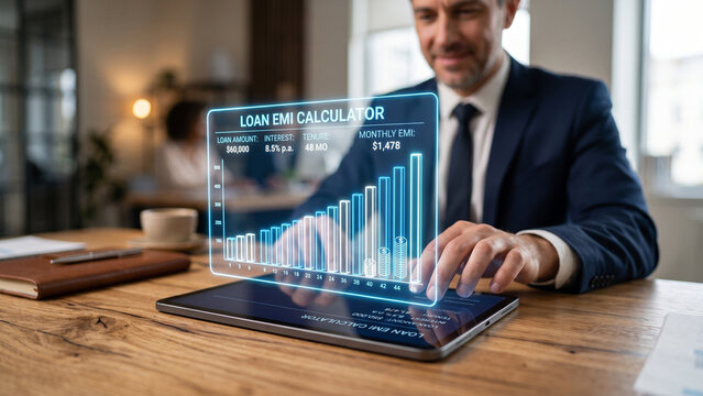 Businessman using a digital tablet with a glowing holographic loan EMI calculator interface showing monthly installments and growth bar charts
