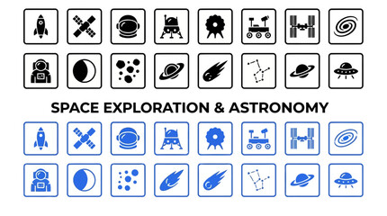 Space exploration and astronomy icons featuring rocket ships planets and cosmic symbols. © Rimon