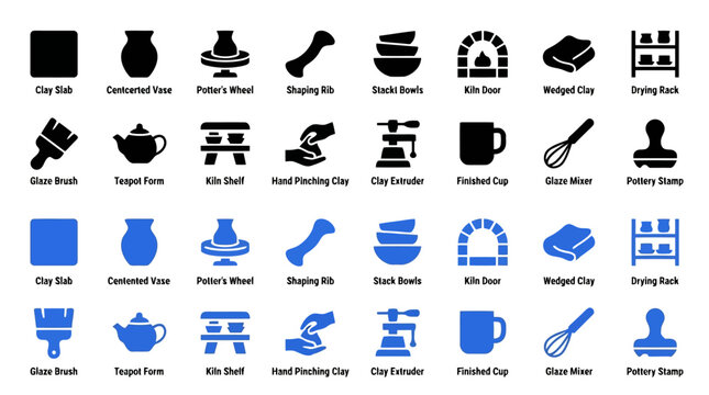 Ceramic pottery and clay crafting equipment icons.
