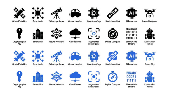 Technology icons set futuristic digital innovations and science concepts.