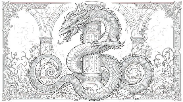 Vintage dragon coloring page vector, mythical serpent wrapped around ancient stone pillar, medieval fantasy line art illustration with ornate border