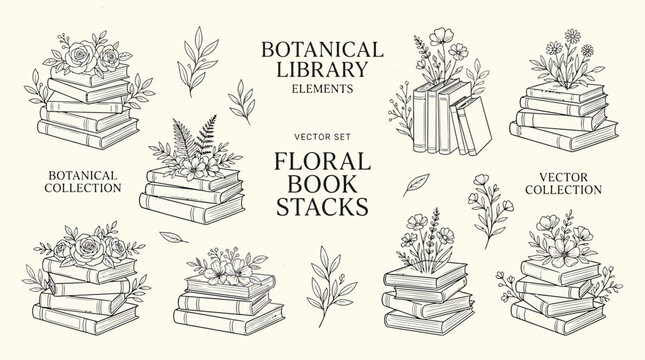 Botanical Library Elements: Floral Book Stacks, Vector Collection