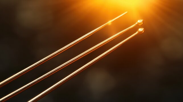 Golden needles, close-up, dark background, beauty treatment, skincare
