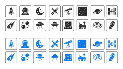 Space exploration and astronomy icons collection featuring galaxy planets astronaut equipment and astronomical research symbols. © Rimon