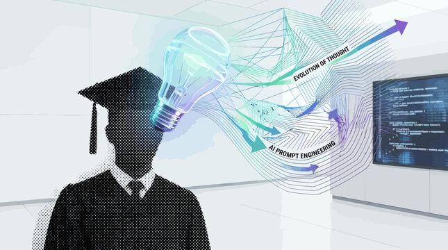 Student graduation cap head with glowing lightbulb, idea evolution, and digital data