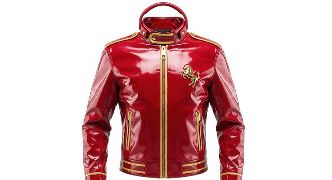 Shiny red leather jacket with gold zipper for men and women isolated on transparent background