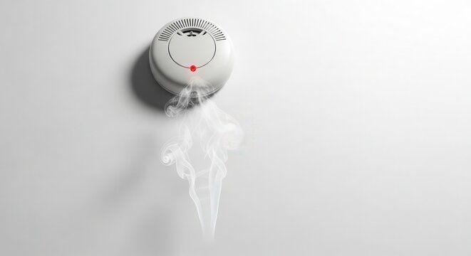 Smoke detector triggered by smoke on a white background.