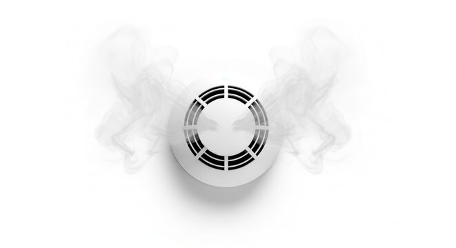 Smoke detector triggered with white smoke isolated on white background.