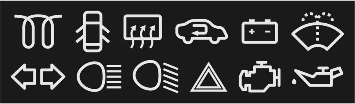Set of car dashboard indicator light icons vector isolated on white background.