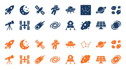 Space icons vector set with rocket, moon, satellite, astronaut, ufo, constellation, planet, asteroid, telescope, space station, comet, galaxy, lunar module, solar panel. © Rimon