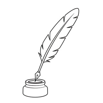Old vintage quill pen dipping into a small glass ink bottle isolated on transparent background