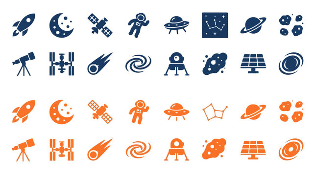 Space icons vector set with rocket, moon, satellite, astronaut, ufo, constellation, planet, asteroid, telescope, space station, comet, galaxy, lunar module, solar panel.