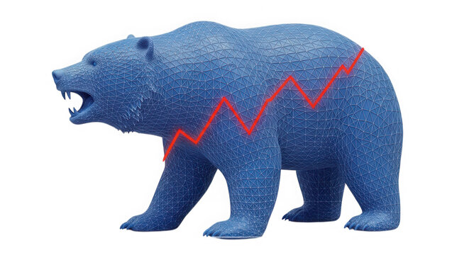 Blue bear silhouette with a red falling stock market graph line isolated on transparent background