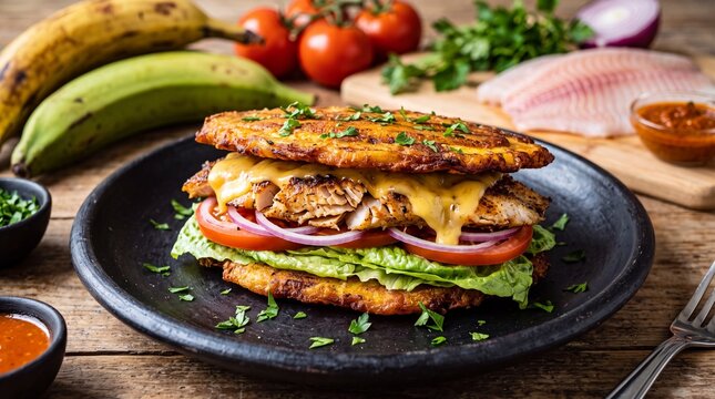 Fried Plantain Sandwich with Grilled Fish, Cheese and Vegetables