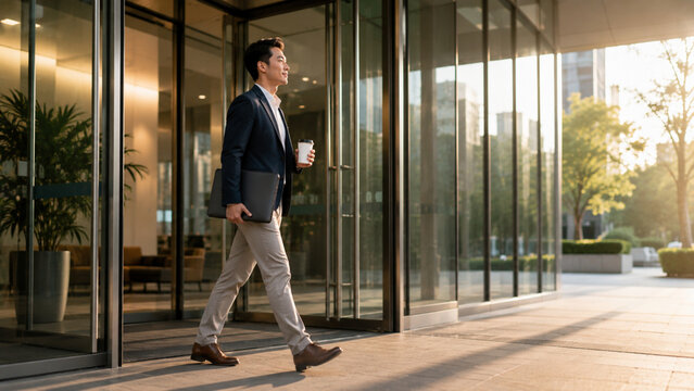 Business commuter entering a glass office building in morning light