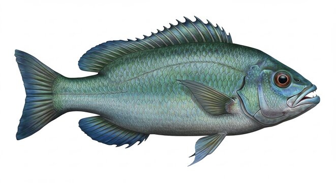 Blue Fish Illustration: A detailed illustration of a blue fish, showcasing its scales, fins, and distinctive eye. Isolated on a white background.