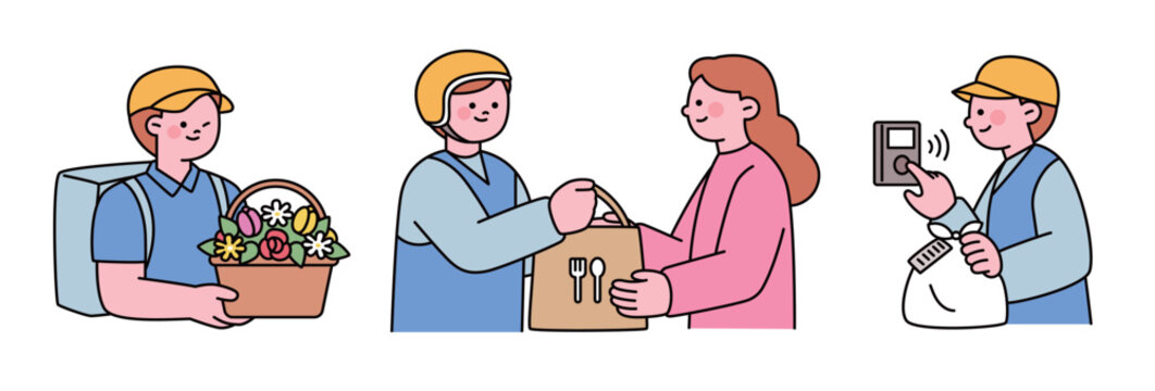 Minimal vector delivery character set featuring flower delivery, food delivery, parcel service, contactless delivery, and courier logistics.