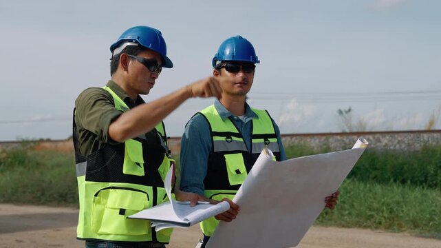 Two civil engineers wearing safety helmets and reflective vests discussing construction plans while reviewing a large blueprint at an infrastructure construction site.
