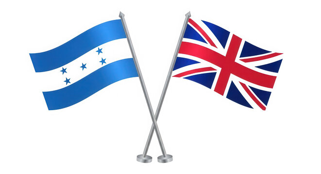 Crossed flags of Honduras and United Kingdom waving on flagpoles isolated on transparent background