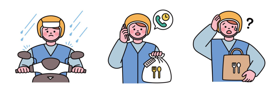 Minimal vector delivery character set showing delivery problems, delays, bad weather, customer calls, and courier service situations.