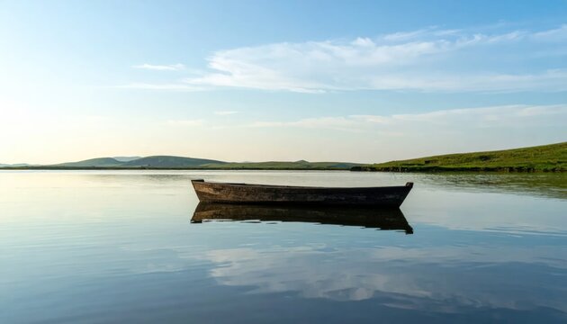 Rustic wooden boat centered on perfectly still lake water.