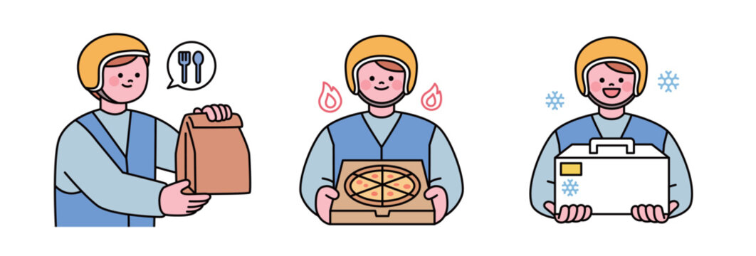 Minimal vector food delivery character set featuring takeout, hot meal, cold delivery, courier service, and online food delivery concepts.
