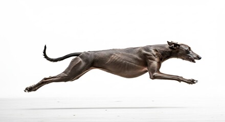 Fototapeta premium Italian Greyhound in Full Flight: An elegant Italian Greyhound showcases its incredible speed and agility, captured in mid-stride as it sprints across a clean, minimalist backdrop.