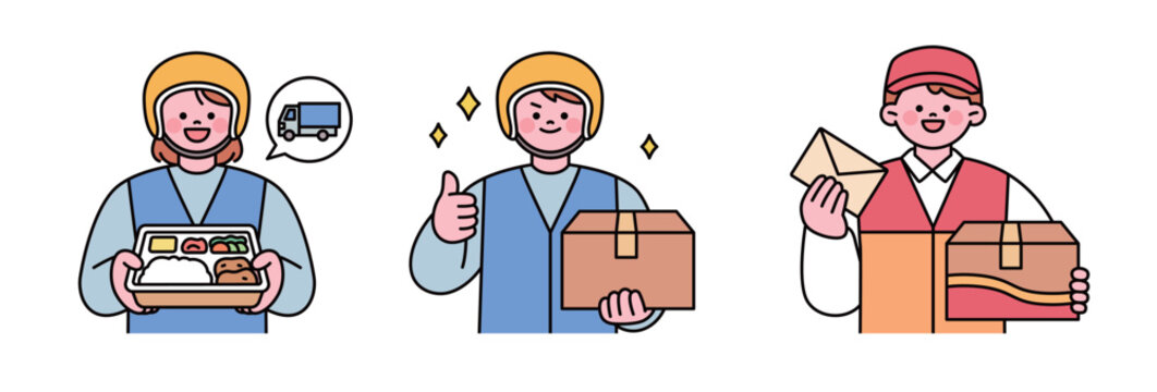 Minimal vector delivery character set featuring meal delivery, parcel shipping, and postal service with friendly courier and mail carrier.
