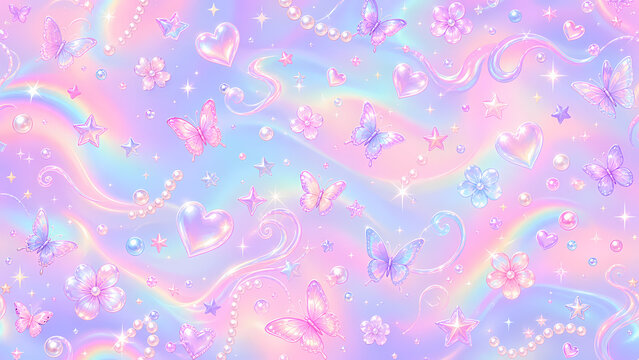Pink pastel holographic seamless banner with butterflies